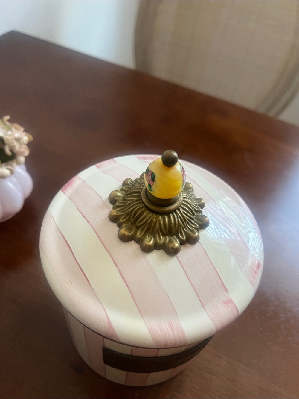 MacKenzie-Childs Pink and Cream Striped Canister with Floral Yellow Knob - Picture 2 of 9